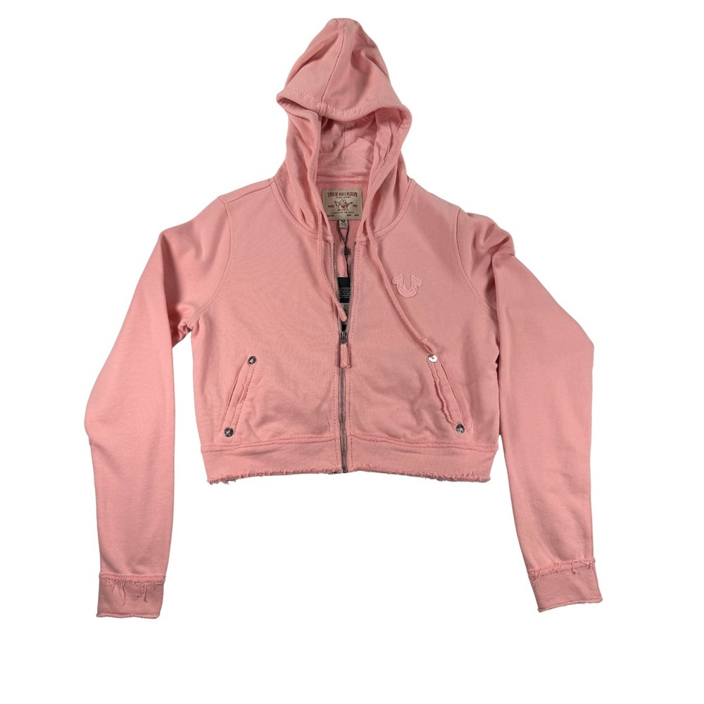 NWT True Religion Pink Big T Zip Hoodie XL Cropped Raw Hem Y2K Shrunken